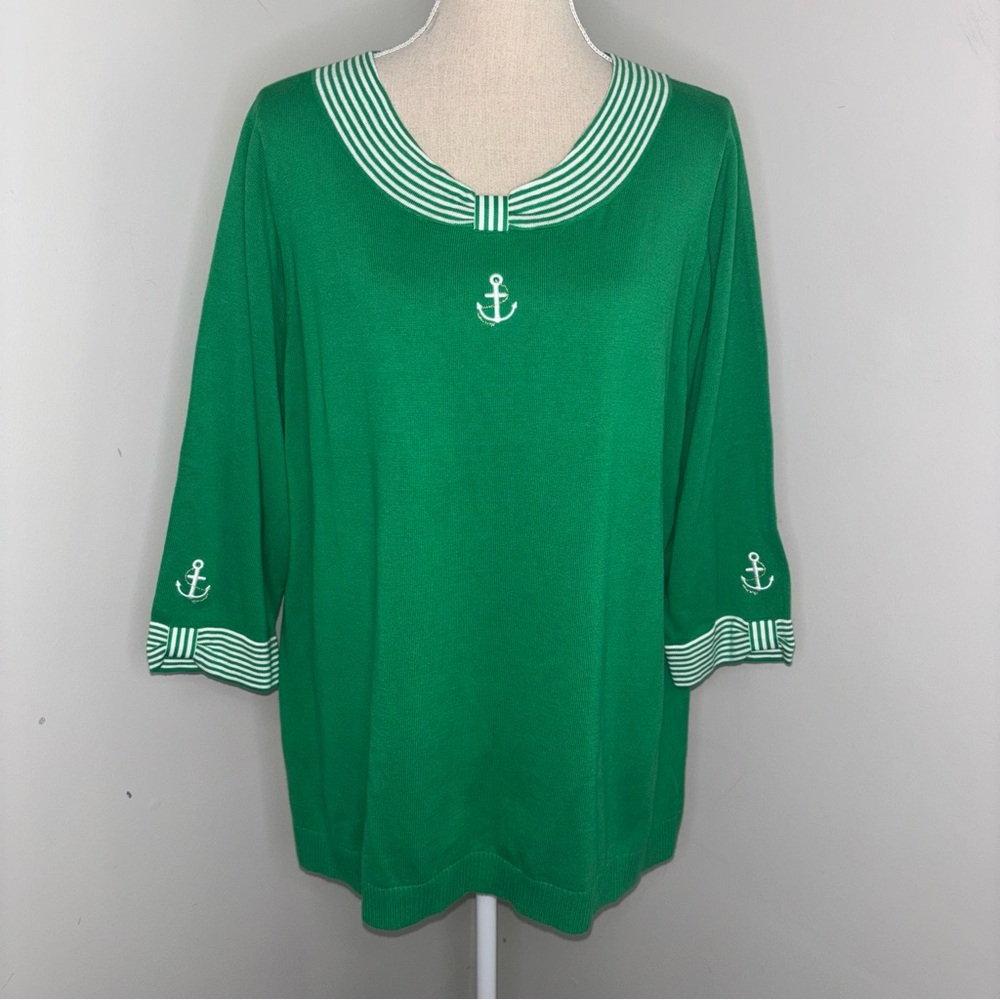 The Quacker Factory NWOT kelly green retro nautical anchor embroidery sweater XL
